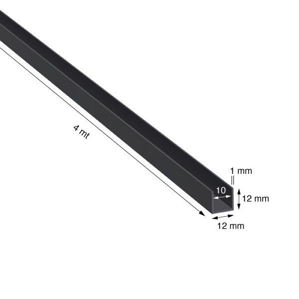 U, 12x12x1,0 mm, ANODIZZATO COLORE NERO, METRI 4