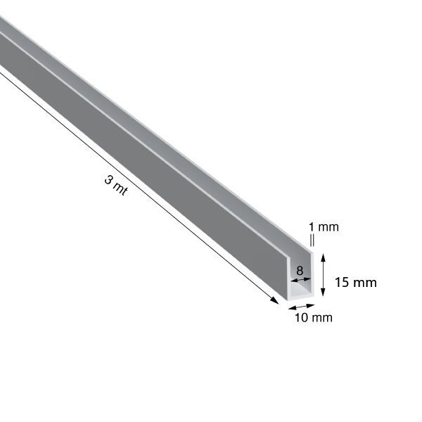 U, 10x15x1,0 mm, ANODIZZATO COLOR ARGENTO, METRI 3