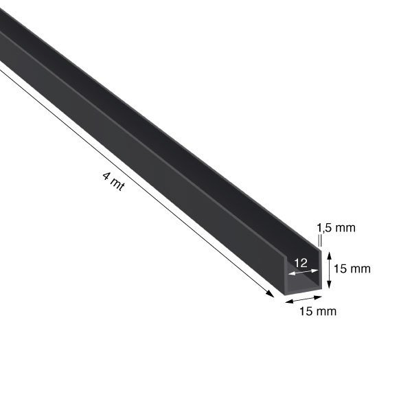 U, 15x15x1,5 mm, ANODIZZATO COLORE NERO, METRI 4