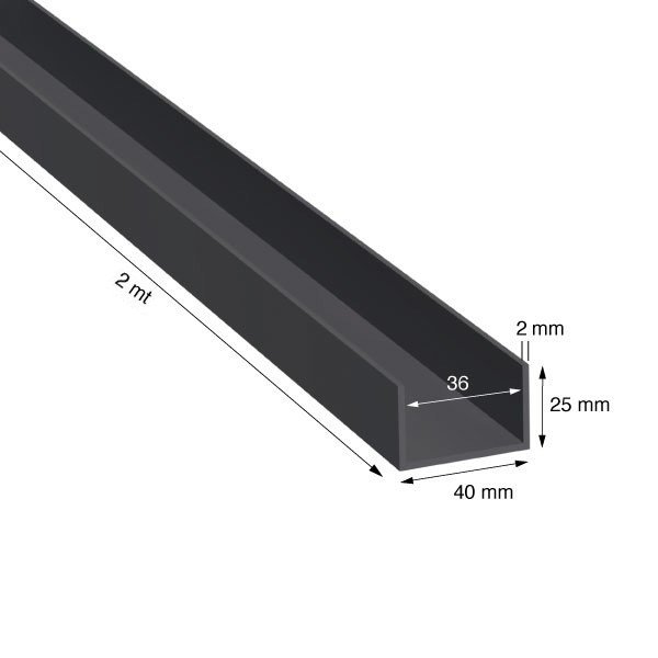 U, 40x25x2,0 mm, ANODIZZATO COLORE NERO, METRI 2