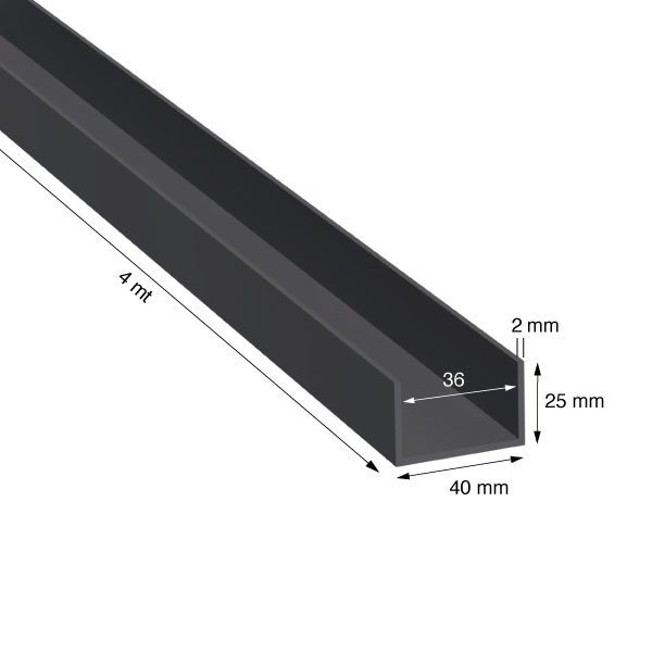U, 40x25x2,0 mm, ANODIZZATO COLORE NERO, METRI 4