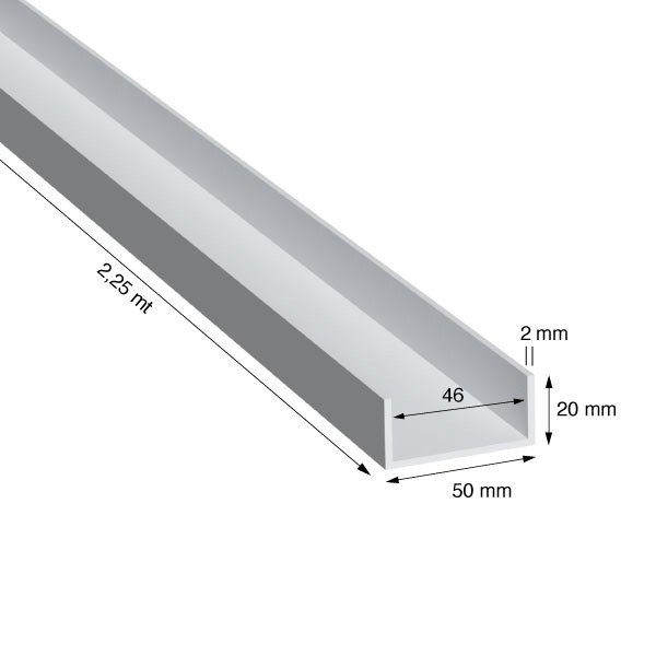 U, 50x20x2,0 mm, ANODIZZATO ARGENTO, METRI 2,25