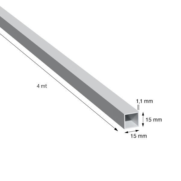 TUBO QUADRO, 15x1,1 mm, ANOD.ARGENTO, METRI 4