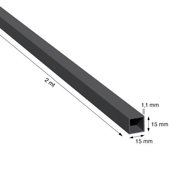 TUBO QUADRO, 15x1,1 mm, ANODIZZATO NERO, METRI 2