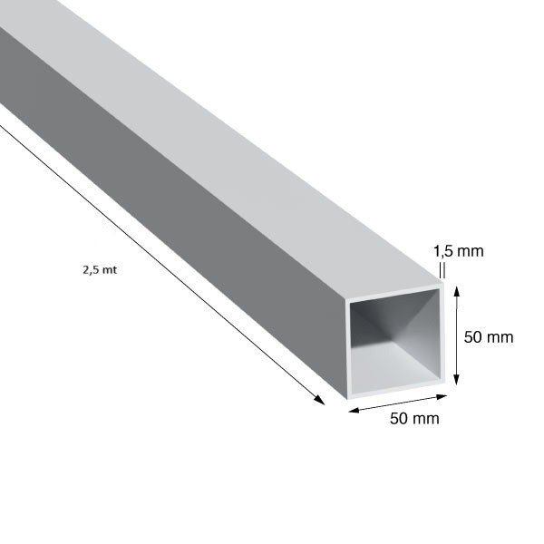 TUBO QUADRO, 50x1,5 mm, ANOD.ARGENTO, METRI 2,5