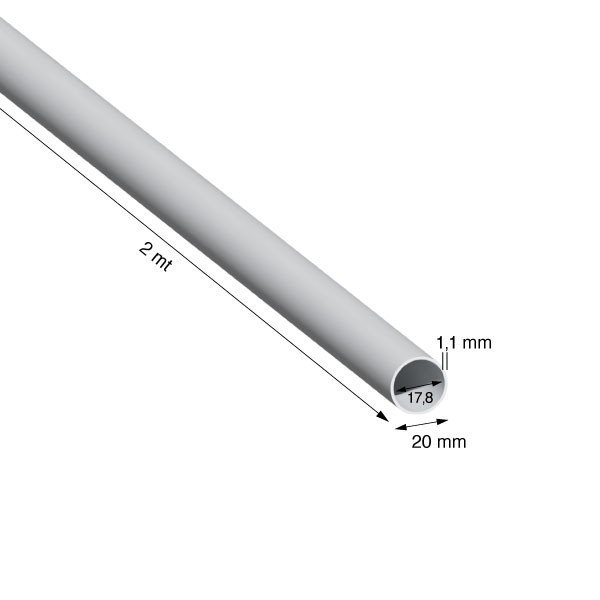TUBO TONDO, 20x1,1 mm, ANODIZZATO ARGENTO, METRI 2