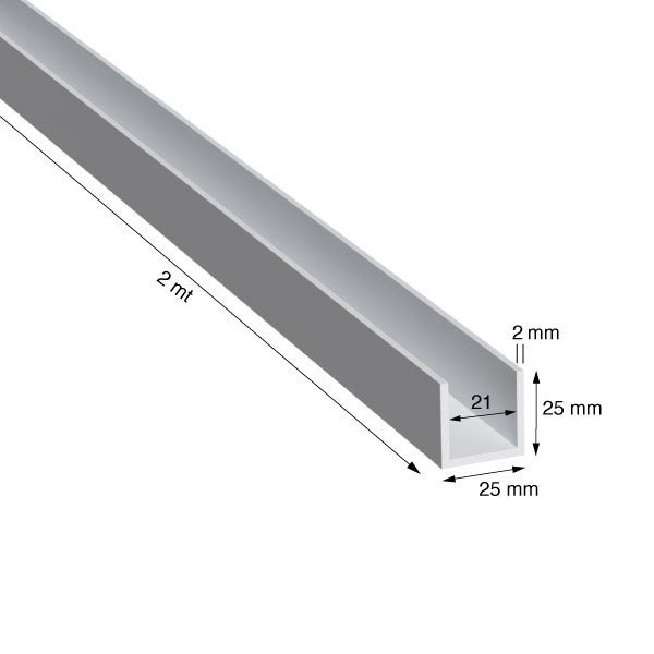 U, 25x25x2,0 mm, ANODIZZATO COLOR ARGENTO, METRI 2
