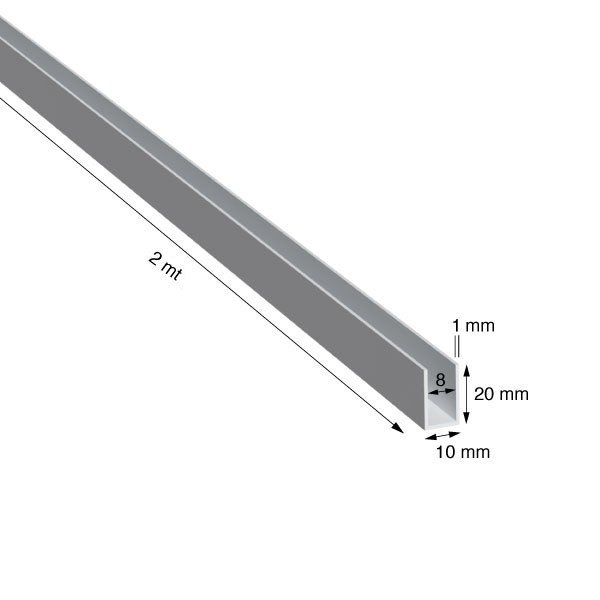 U, 10x20x1,0 mm, ANODIZZATO COLOR ARGENTO, METRI 2