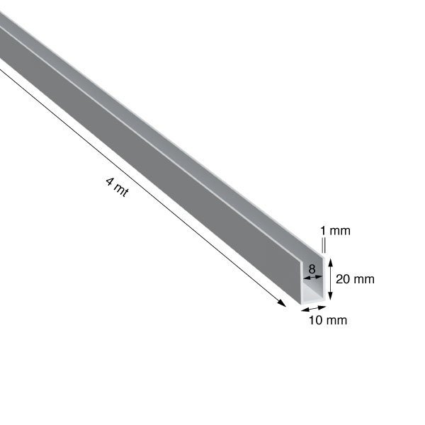 U, 10x20x1,0 mm, ANODIZZATO COLOR ARGENTO, METRI 4