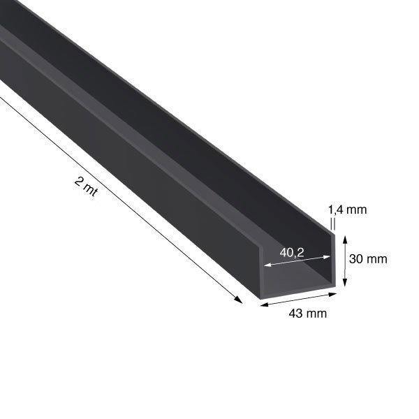 U, 43x30x1,4 mm, ANODIZZATO COLORE NERO, METRI 2