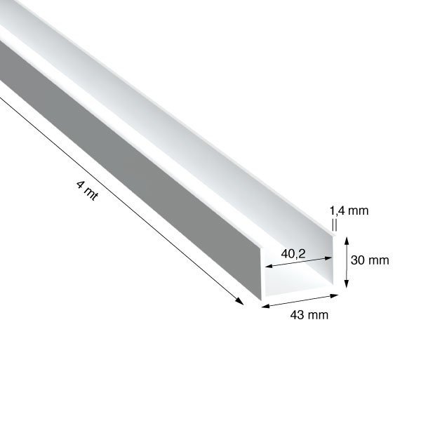 U, 43x30x1,4 mm, BIANCO RAL 9010, METRI 4