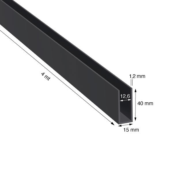 U, 15x40x1,2 mm, ANODIZZATO COLORE NERO, METRI 4