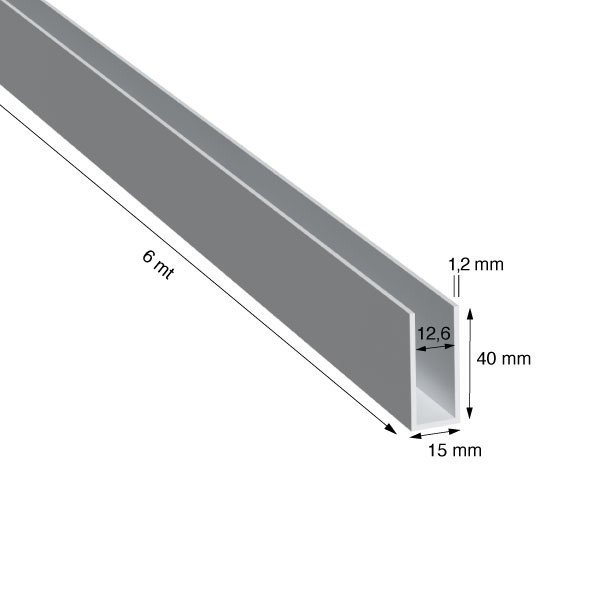 U, 15x40x1,2 mm, ANODIZZATO COLOR ARGENTO, METRI 6