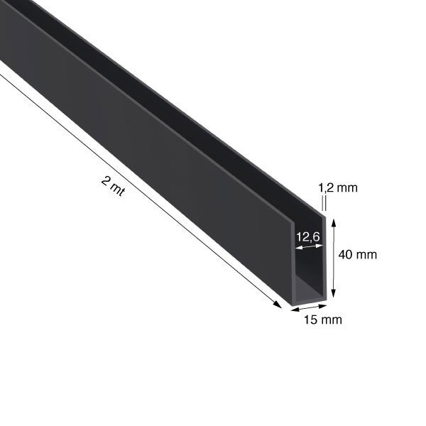 U, 15x40x1,2 mm, ANODIZZATO COLORE NERO, METRI 2